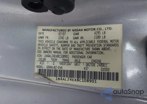 2008 Nissan Altima 2.5 S z USA, uszkodzony, nr VIN 1N4AL24EX8C108901
